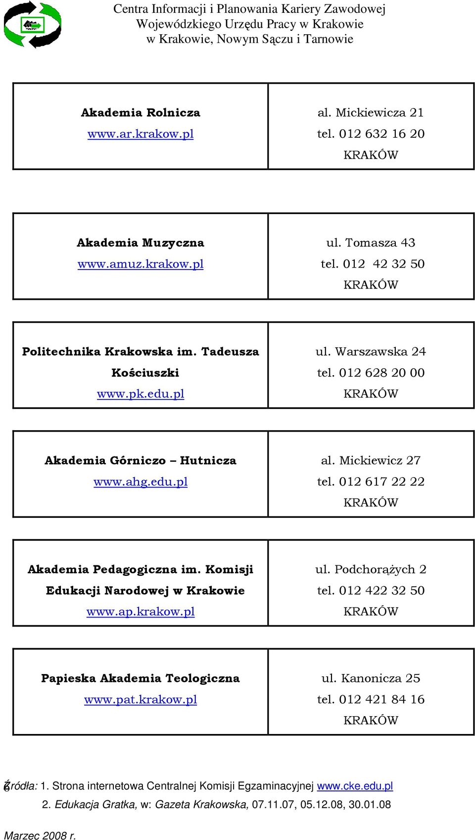 012 628 20 00 Akademia Górniczo Hutnicza www.ahg.edu.pl al. Mickiewicz 27 tel. 012 617 22 22 Akademia Pedagogiczna im.