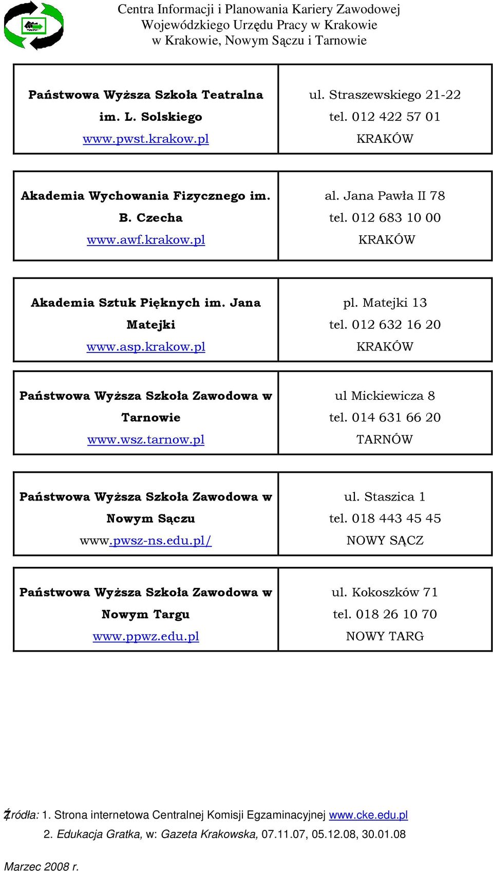 012 632 16 20 Państwowa WyŜsza Szkoła Zawodowa w Tarnowie www.wsz.tarnow.pl ul Mickiewicza 8 tel.