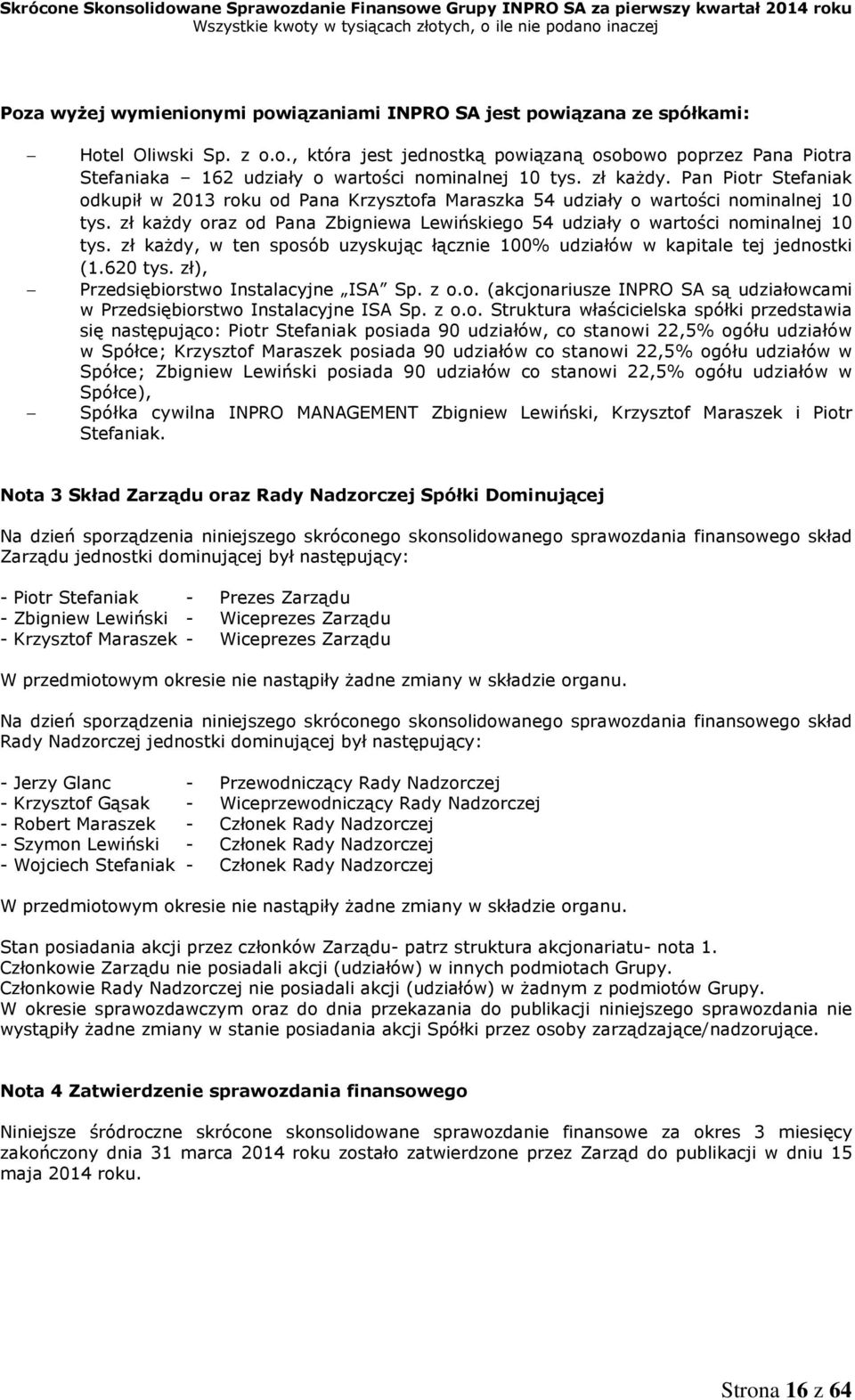 zł każdy oraz od Pana Zbigniewa Lewińskiego 54 udziały o wartości nominalnej 10 tys. zł każdy, w ten sposób uzyskując łącznie 100% udziałów w kapitale tej jednostki (1.620 tys.