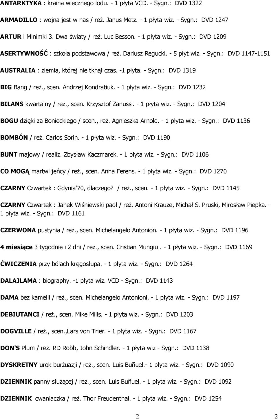 , scen. Andrzej Kondratiuk. - 1 płyta wiz. - Sygn.: DVD 1232 BILANS kwartalny / reż., scen. Krzysztof Zanussi. - 1 płyta wiz. - Sygn.: DVD 1204 BOGU dzięki za Bonieckiego / scen., reż.