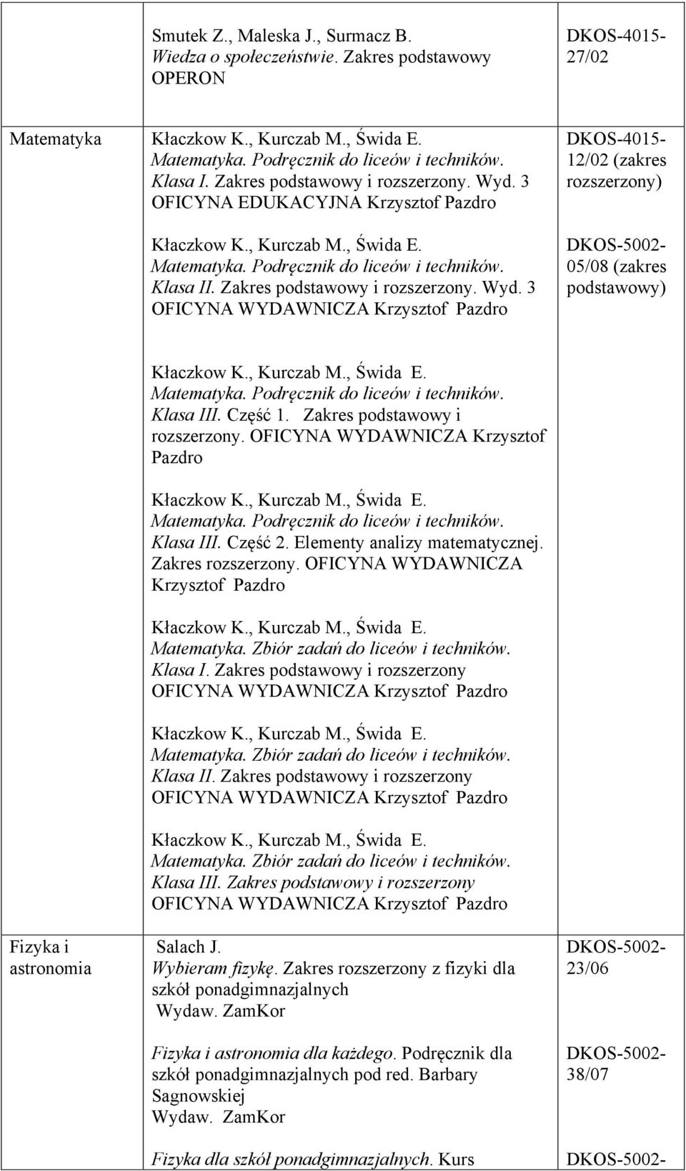 3 OFICYNA WYDAWNICZA Krzysztof Pazdro 12/02 (zakres rozszerzony) 05/08 (zakres podstawowy) Fizyka i astronomia Matematyka. Podręcznik do liceów i techników. Klasa III. Część 1.