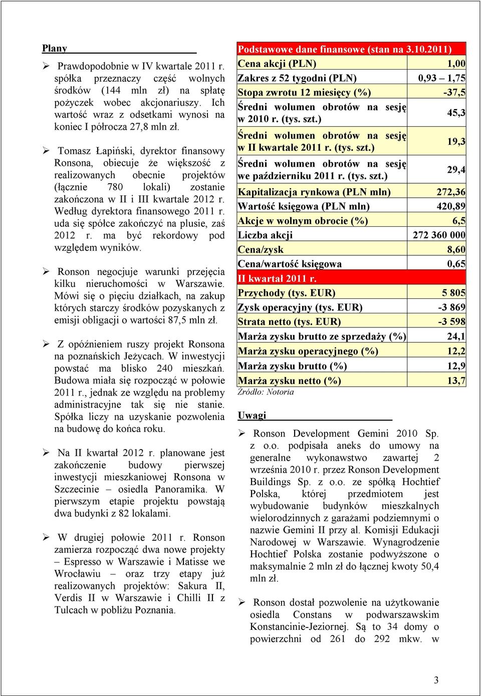 Tomasz Łapiński, dyrektor finansowy Ronsona, obiecuje że większość z realizowanych obecnie projektów (łącznie 780 lokali) zostanie zakończona w II i III kwartale 2012 r.