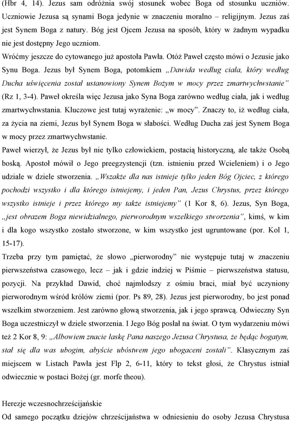 Jezus był Synem Boga, potomkiem Dawida według ciała, który według Ducha uświęcenia został ustanowiony Synem Bożym w mocy przez zmartwychwstanie (Rz 1, 3-4).