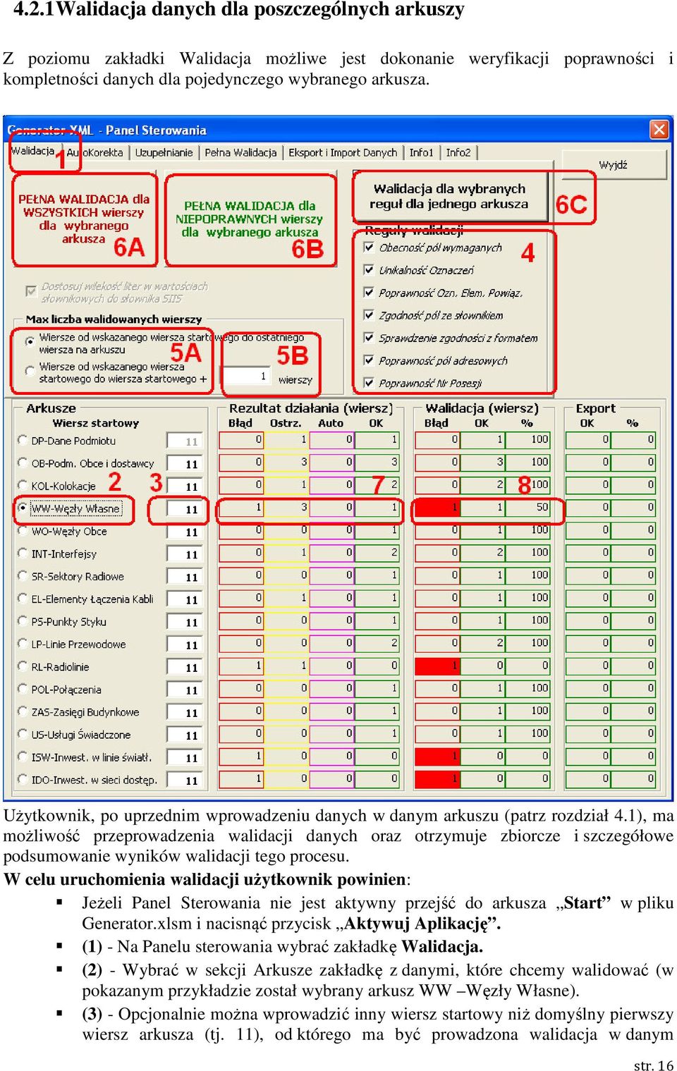 1), ma możliwość przeprowadzenia walidacji danych oraz otrzymuje zbiorcze i szczegółowe podsumowanie wyników walidacji tego procesu.