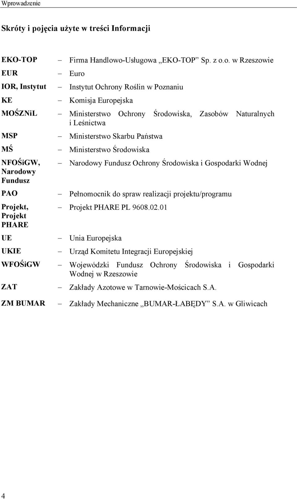 o-Usługowa EKO-TOP Sp. z o.o. w Rzeszowie Euro Instytut Ochrony Roślin w Poznaniu Komisja Europejska Ministerstwo Ochrony Środowiska, Zasobów Naturalnych i Leśnictwa Ministerstwo Skarbu