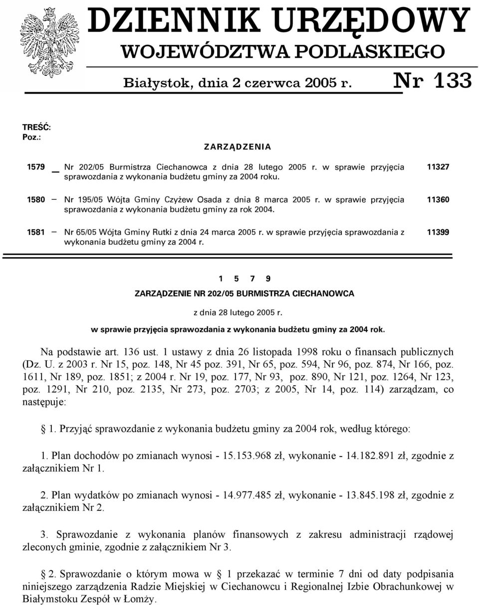 w sprawie przyjęcia sprawozdania z wykonania budżetu gminy za rok 2004. 1581 Nr 65/05 Wójta Gminy Rutki z dnia 24 marca 2005 r. w sprawie przyjęcia sprawozdania z wykonania budżetu gminy za 2004 r.