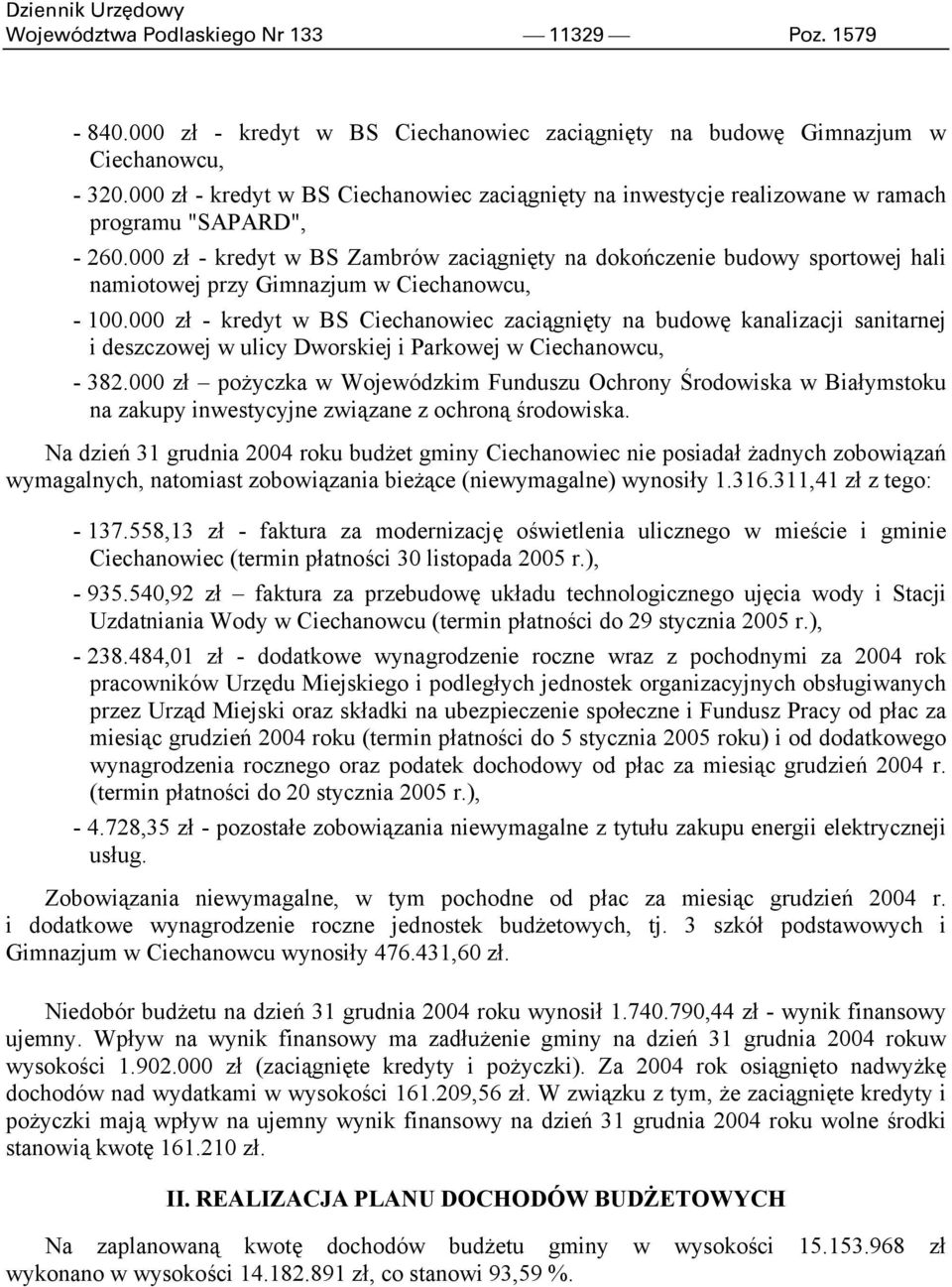 000 zł - kredyt w BS Zambrów zaciągnięty na dokończenie budowy sportowej hali namiotowej przy Gimnazjum w Ciechanowcu, - 100.