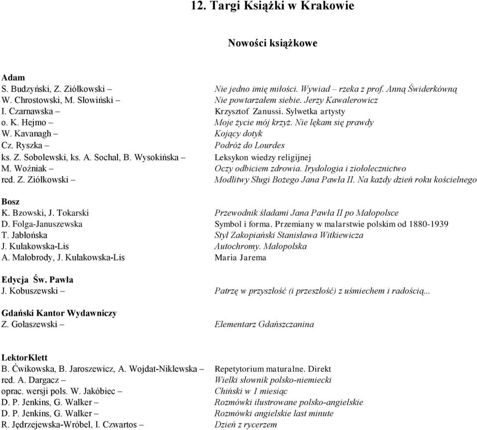 A. Sochal, B. Wysokińska Leksykon wiedzy religijnej M. Woźniak Oczy odbiciem zdrowia. Irydologia i ziołolecznictwo red. Z. Ziółkowski Modlitwy Sługi Bożego Jana Pawła II.