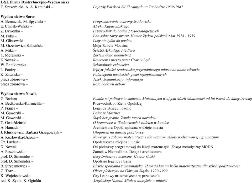 Grzesiewicz-Sałacińska Moja Babcia Moatina A. Mika Ścieżki Arkadego Fiedlera T. Morawski Żartem dano nadmetraż K Nowak Rowerem i pieszo przez Czarny Ląd W. Ponikiewska Seksualność człowieka L.