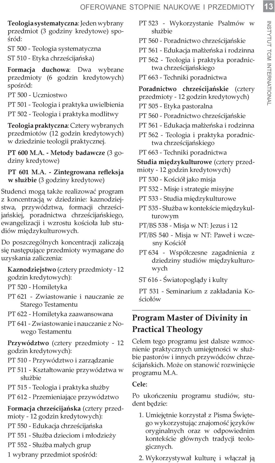 wybranych przedmiotów (12 godzin kredytowych) w dziedzinie teologii praktycznej. PT 600 M.A.