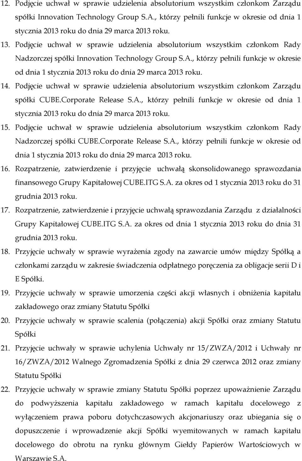 Podjęcie uchwał w sprawie udzielenia absolutorium wszystkim członkom Rady Nadzorczej spółki Innovation Technology Group S.A.