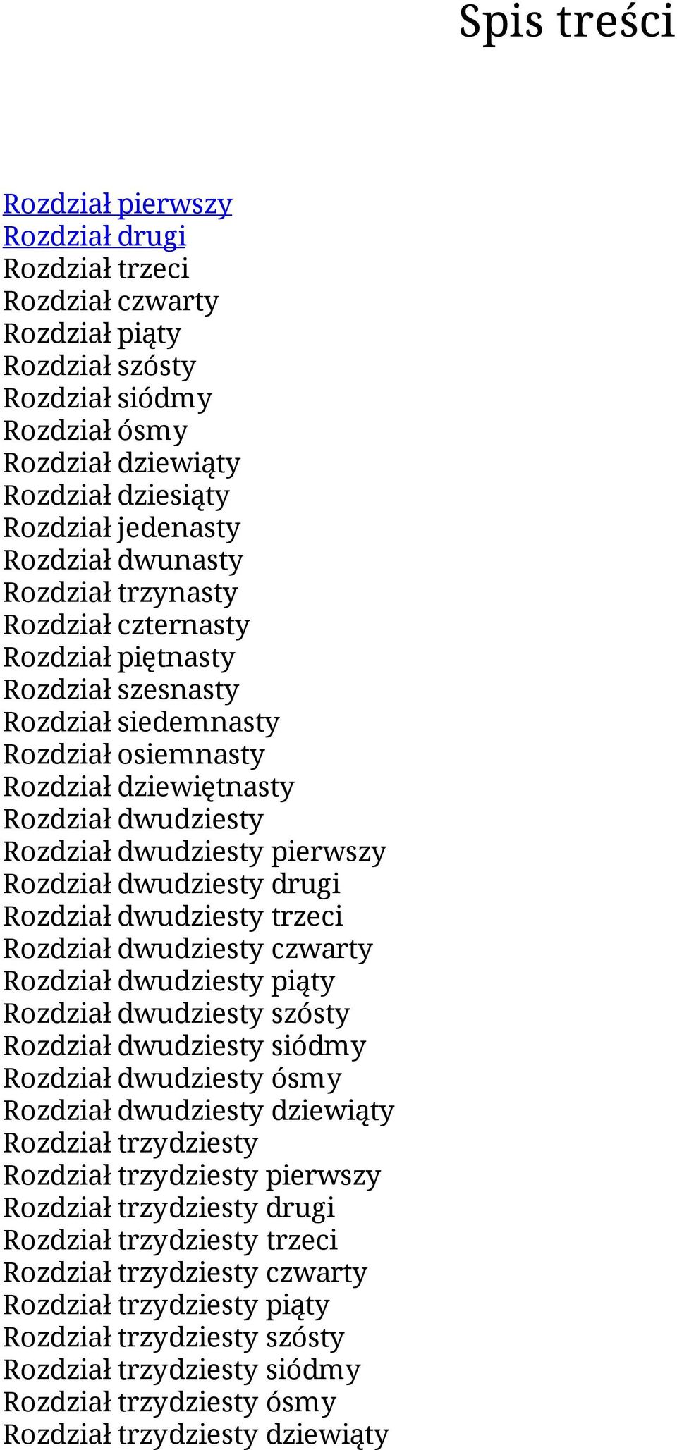 Rozdział dwudziesty drugi Rozdział dwudziesty trzeci Rozdział dwudziesty czwarty Rozdział dwudziesty piąty Rozdział dwudziesty szósty Rozdział dwudziesty siódmy Rozdział dwudziesty ósmy Rozdział