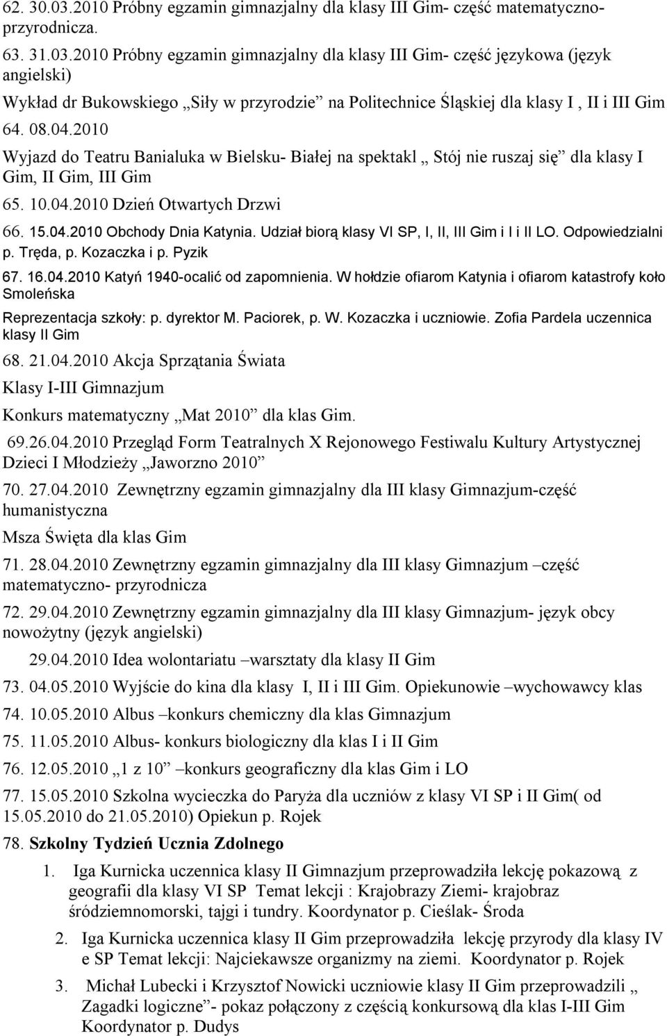 Udział biorą klasy VI SP, I, II, III Gim i I i II LO. Odpowiedzialni p. Tręda, p. Kozaczka i p. Pyzik 67. 16.04.2010 Katyń 1940-ocalić od zapomnienia.