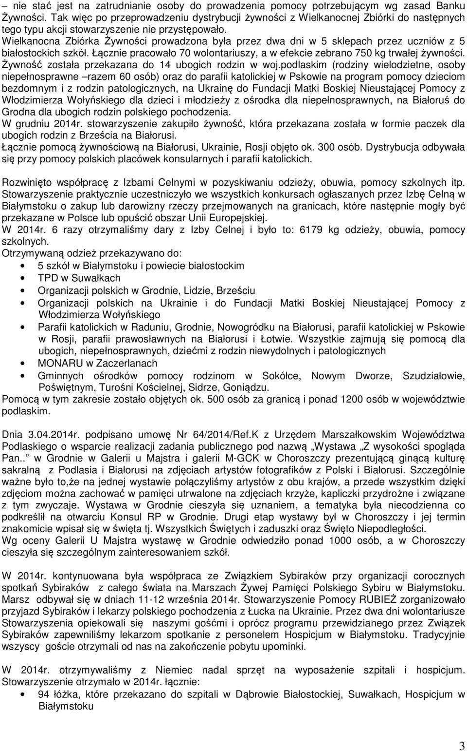 Wielkanocna Zbiórka Żywności prowadzona była przez dwa dni w 5 sklepach przez uczniów z 5 białostockich szkół. Łącznie pracowało 70 wolontariuszy, a w efekcie zebrano 750 kg trwałej żywności.