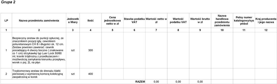 Zestaw powinien zawierać: cewnik 1 posiadający 4 otwory boczne ( znakowane szt 300 co 1 cm) strzykawkę typ Luer Lock 50/60 ml, kranik trójdrożny z przedłużaczem i