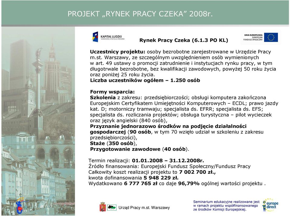 250 osób Formy wsparcia: Szkolenia z zakresu: przedsiębiorczości; obsługi komputera zakończona Europejskim Certyfikatem Umiejętności Komputerowych ECDL; prawo jazdy kat.