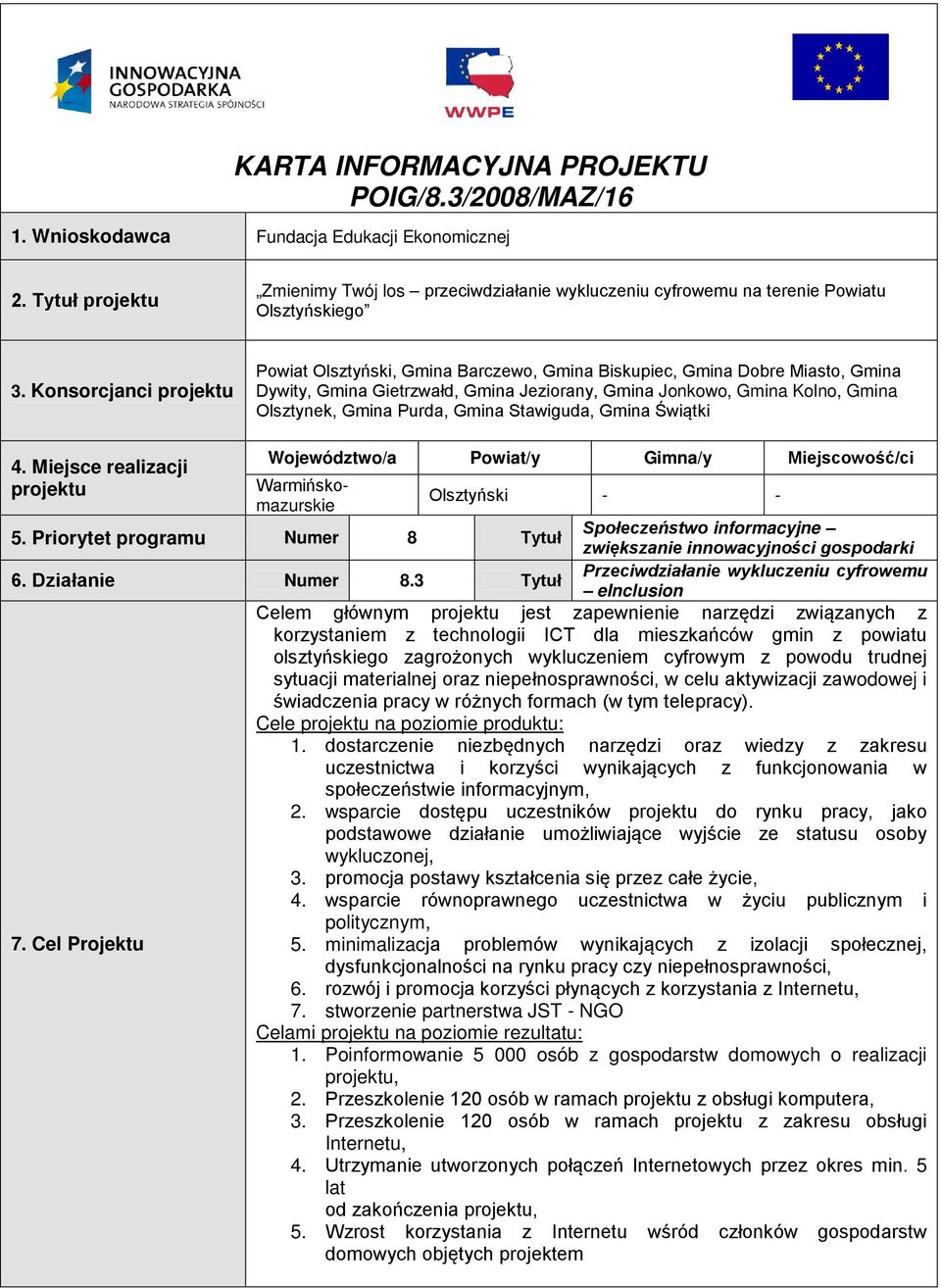 Konsorcjanci projektu Powiat Olsztyński, Gmina Barczewo, Gmina Biskupiec, Gmina Dobre Miasto, Gmina Dywity, Gmina Gietrzwałd, Gmina Jeziorany, Gmina Jonkowo, Gmina Kolno, Gmina Olsztynek, Gmina