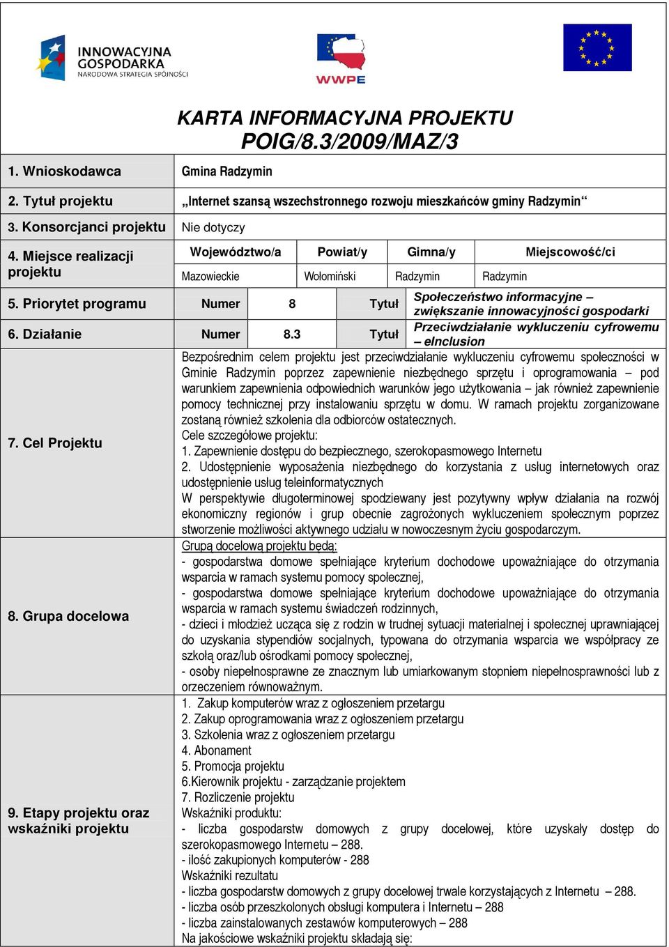 Priorytet programu Numer 8 Tytuł zwiększanie innowacyjności gospodarki Przeciwdziałanie wykluczeniu cyfrowemu 6. Działanie Numer 8.