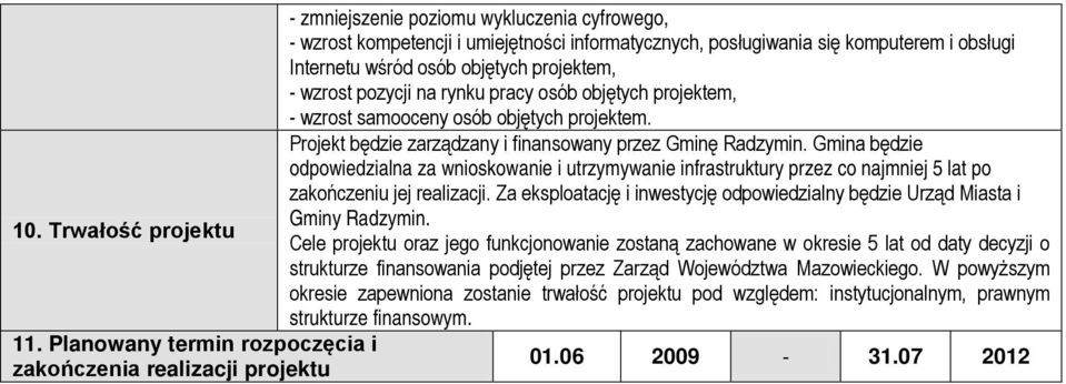 Internetu wśród osób objętych projektem, - wzrost pozycji na rynku pracy osób objętych projektem, - wzrost samooceny osób objętych projektem.