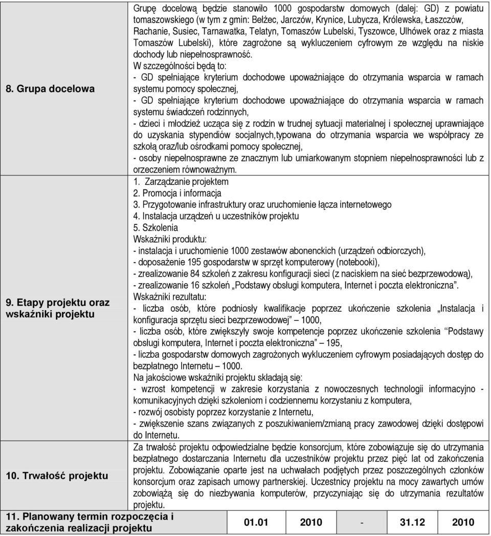 Lubycza, Królewska, Łaszczów, Rachanie, Susiec, Tarnawatka, Telatyn, Tomaszów Lubelski, Tyszowce, Ulhówek oraz z miasta Tomaszów Lubelski), które zagrożone są wykluczeniem cyfrowym ze względu na