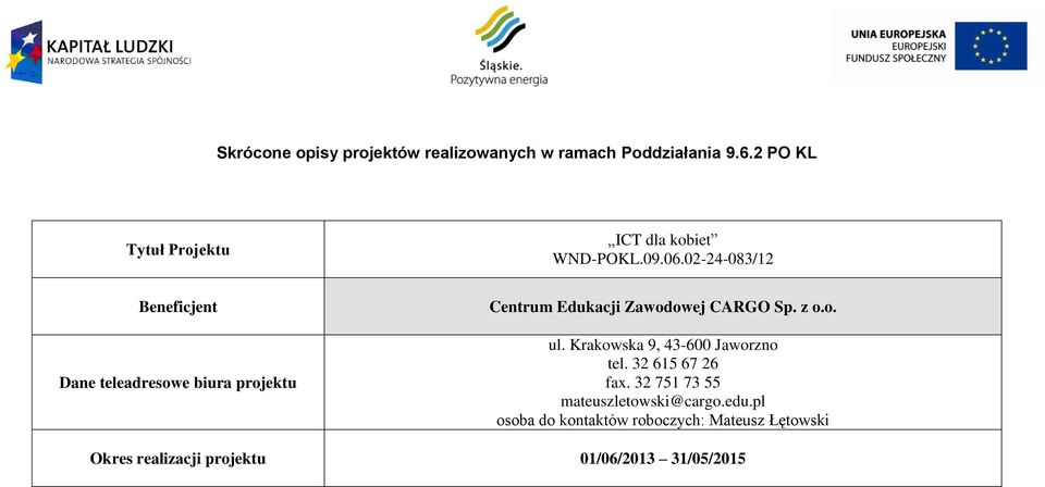 02-24-083/12 Beneficjent Dane teleadresowe biura projektu Centrum Edukacji Zawodowej CARGO Sp. z o.o. ul.