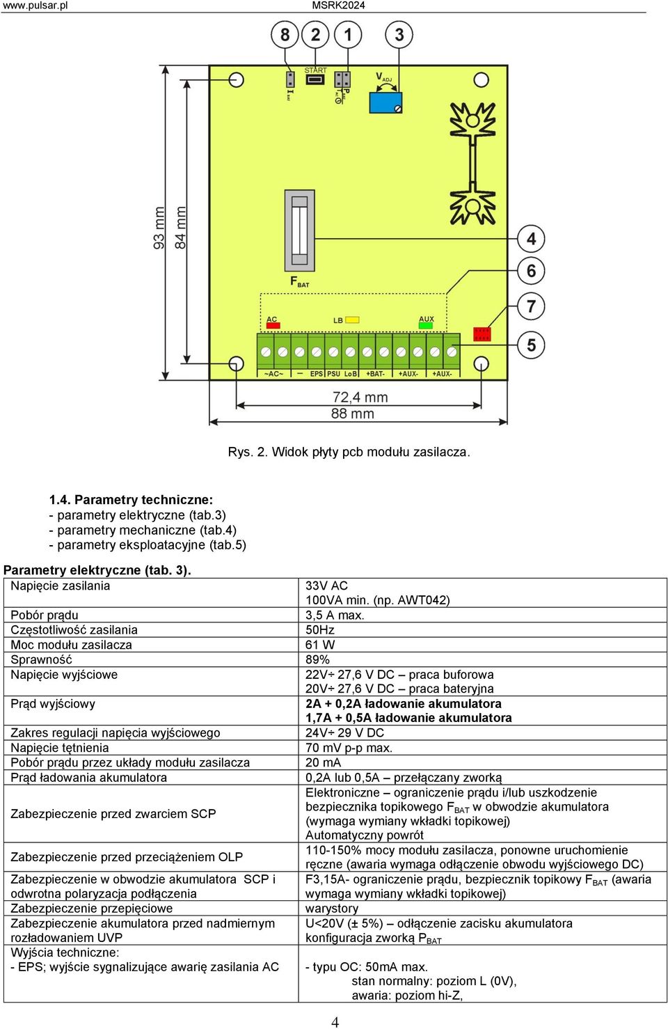 Częstotliwość zasilania 50Hz Moc modułu zasilacza 61 W Sprawność 89% Napięcie wyjściowe 22V 27,6 V DC praca buforowa 20V 27,6 V DC praca bateryjna Prąd wyjściowy 2A + 0,2A ładowanie akumulatora 1,7A