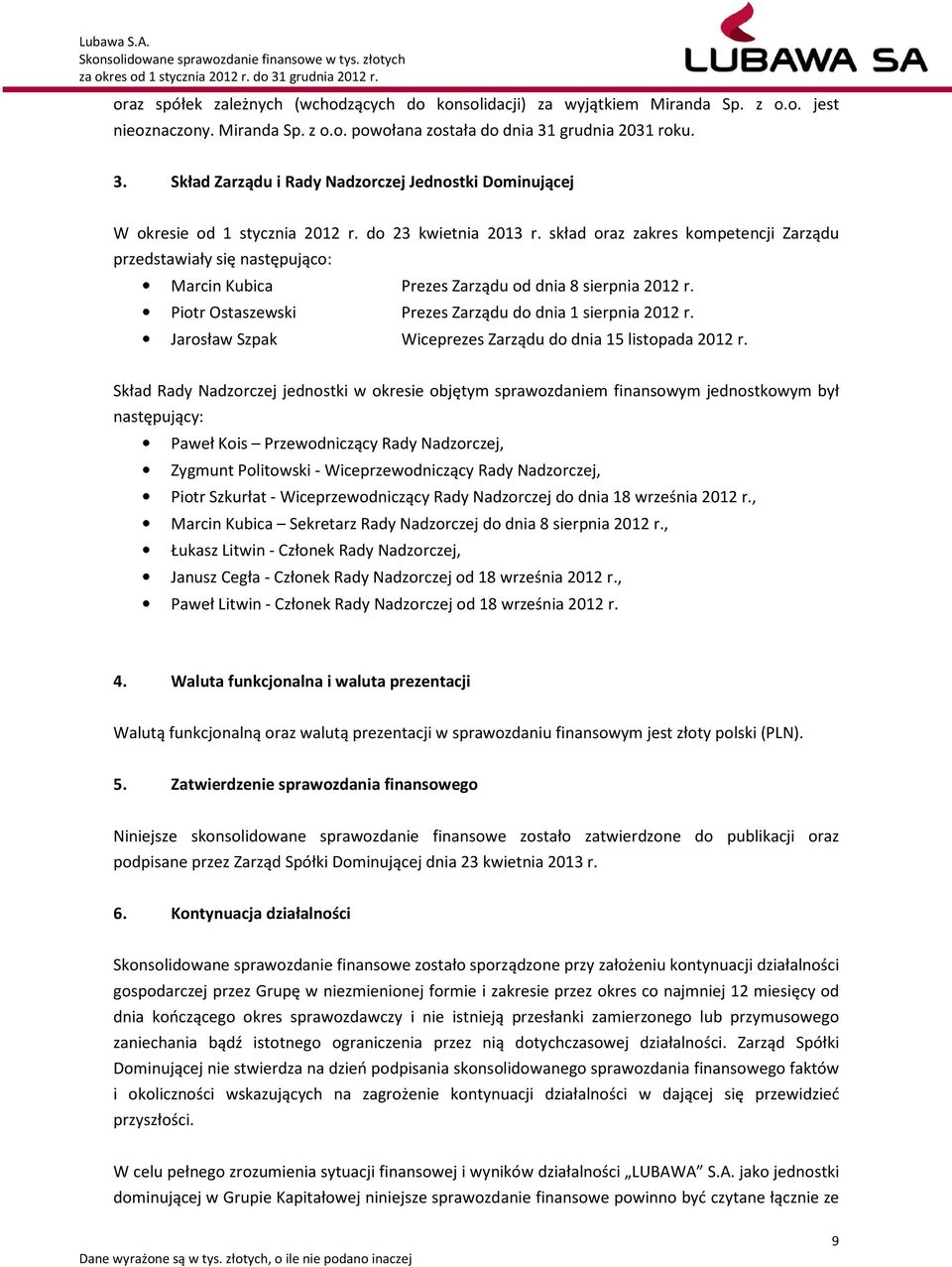 skład oraz zakres kompetencji Zarządu przedstawiały się następująco: Marcin Kubica Prezes Zarządu od dnia 8 sierpnia 2012 r. Piotr Ostaszewski Prezes Zarządu do dnia 1 sierpnia 2012 r.