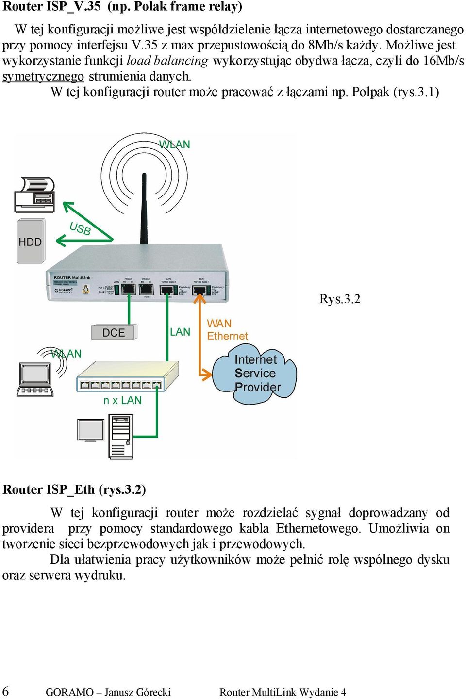 Polpak (rys.3.1) Rys.3.2 Router ISP_Eth (rys.3.2) W tej konfiguracji router może rozdzielać sygnał doprowadzany od providera przy pomocy standardowego kabla Ethernetowego.