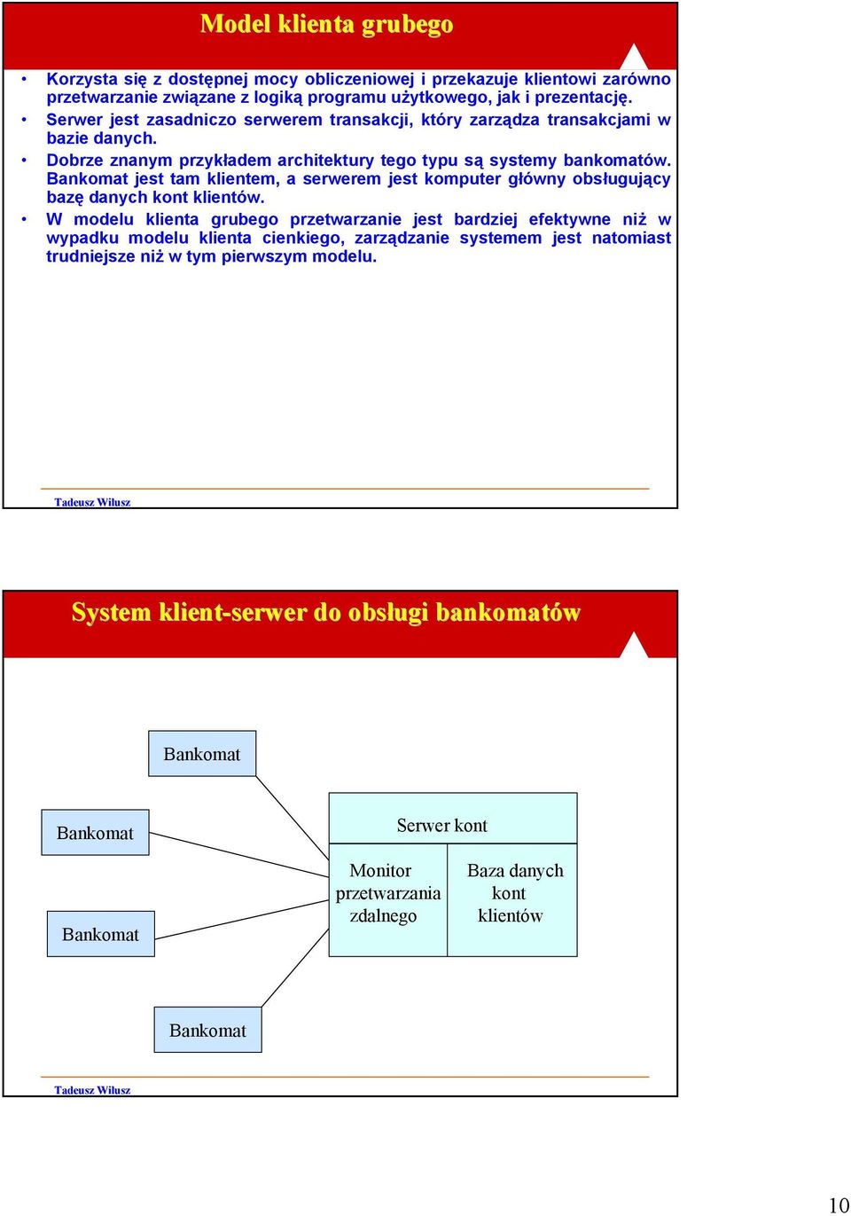 Bankomat jest tam klientem, a serwerem jest komputer główny obsługujący bazę danych kont klientów.