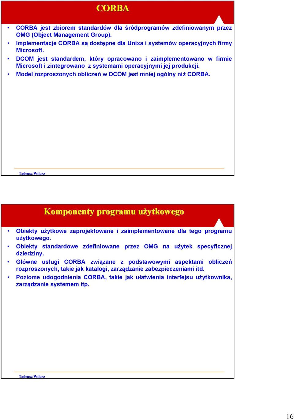 Komponenty programu użytkowego Obiekty użytkowe zaprojektowane i zaimplementowane dla tego programu użytkowego. Obiekty standardowe zdefiniowane przez OMG na użytek specyficznej dziedziny.