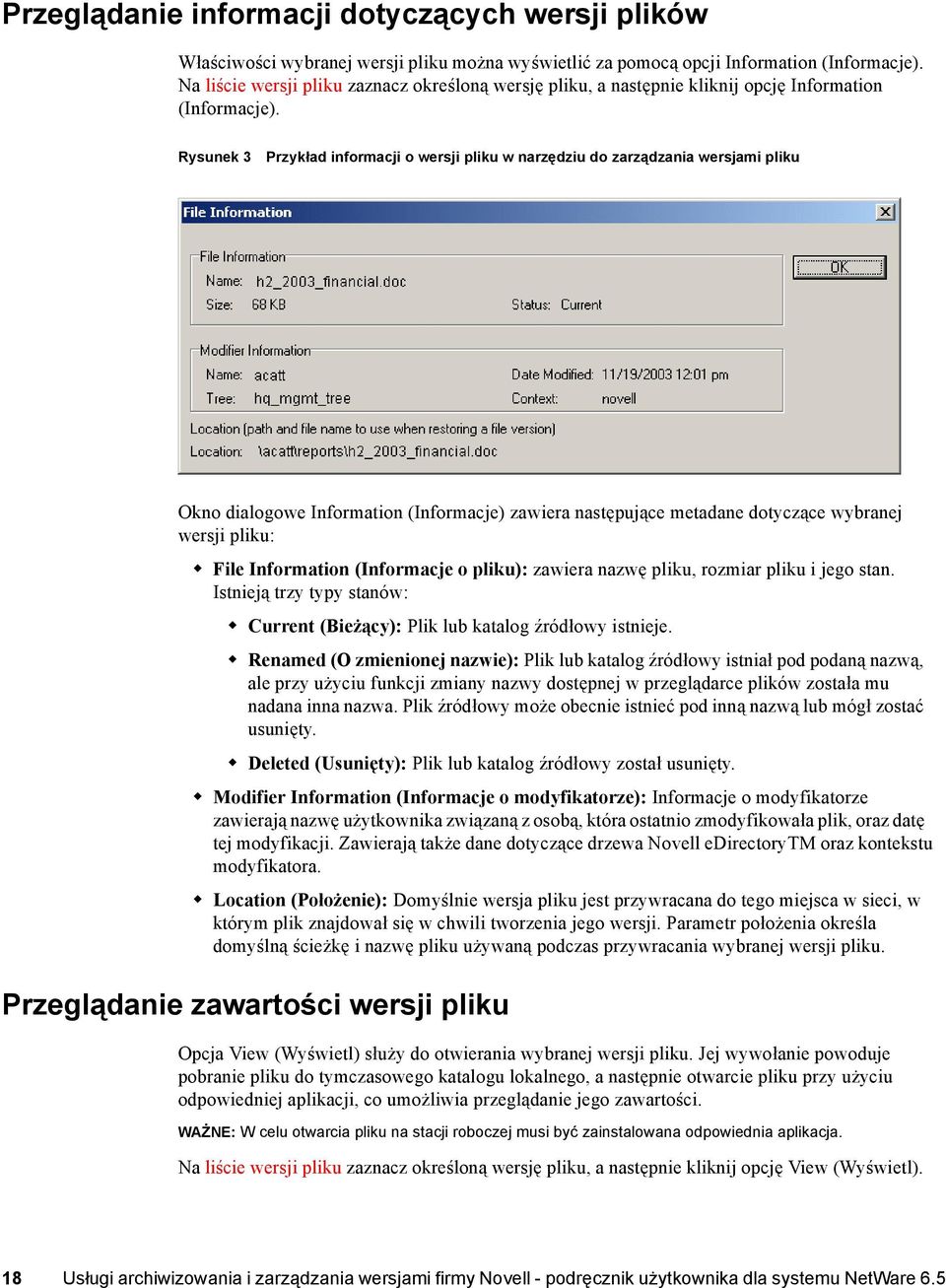 Rysunek 3 Przykład informacji o wersji pliku w narzędziu do zarządzania wersjami pliku Okno dialogowe Information (Informacje) zawiera następujące metadane dotyczące wybranej wersji pliku: File