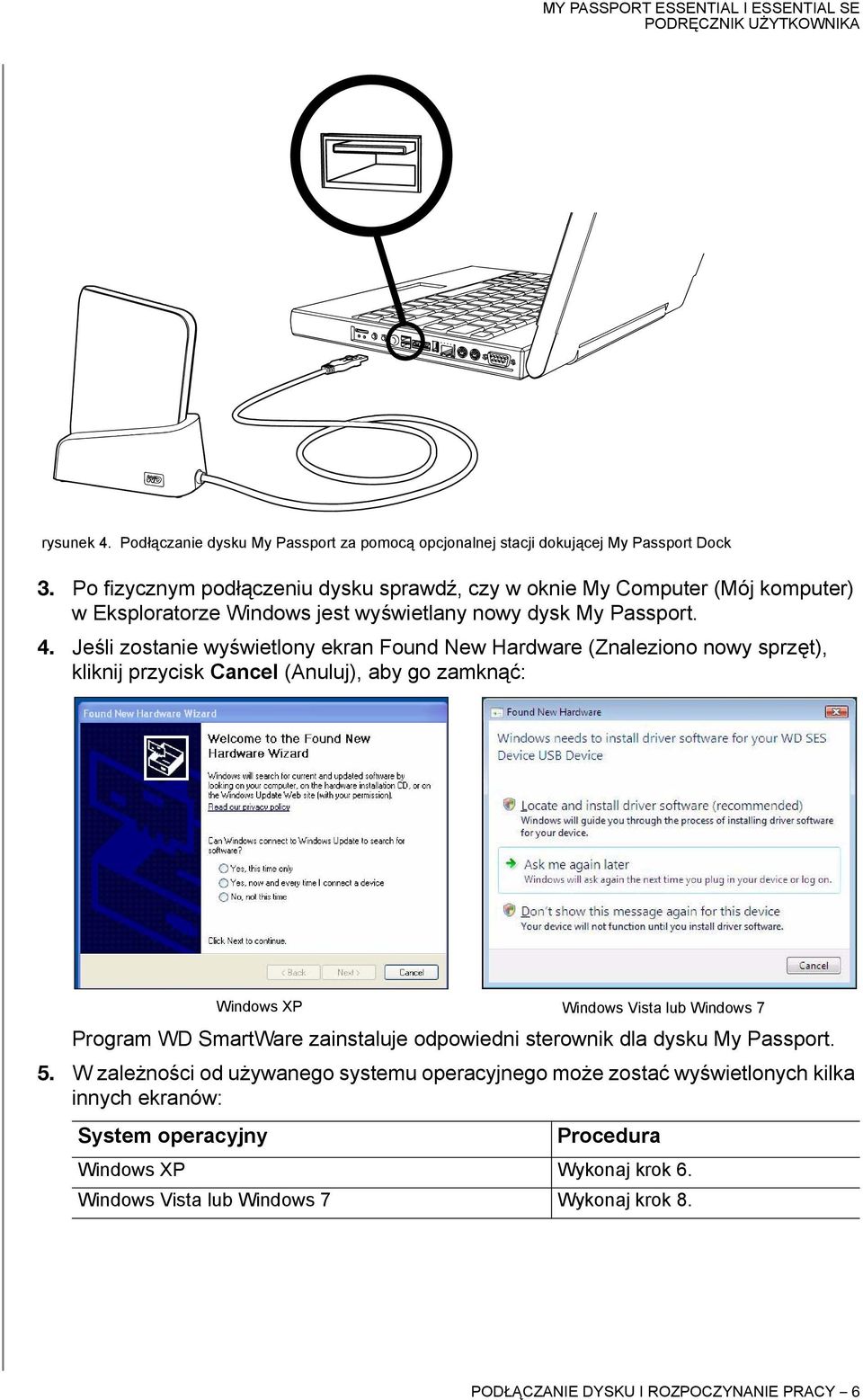 Jeśli zostanie wyświetlony ekran Found New Hardware (Znaleziono nowy sprzęt), kliknij przycisk Cancel (Anuluj), aby go zamknąć: Windows XP Program WD SmartWare zainstaluje