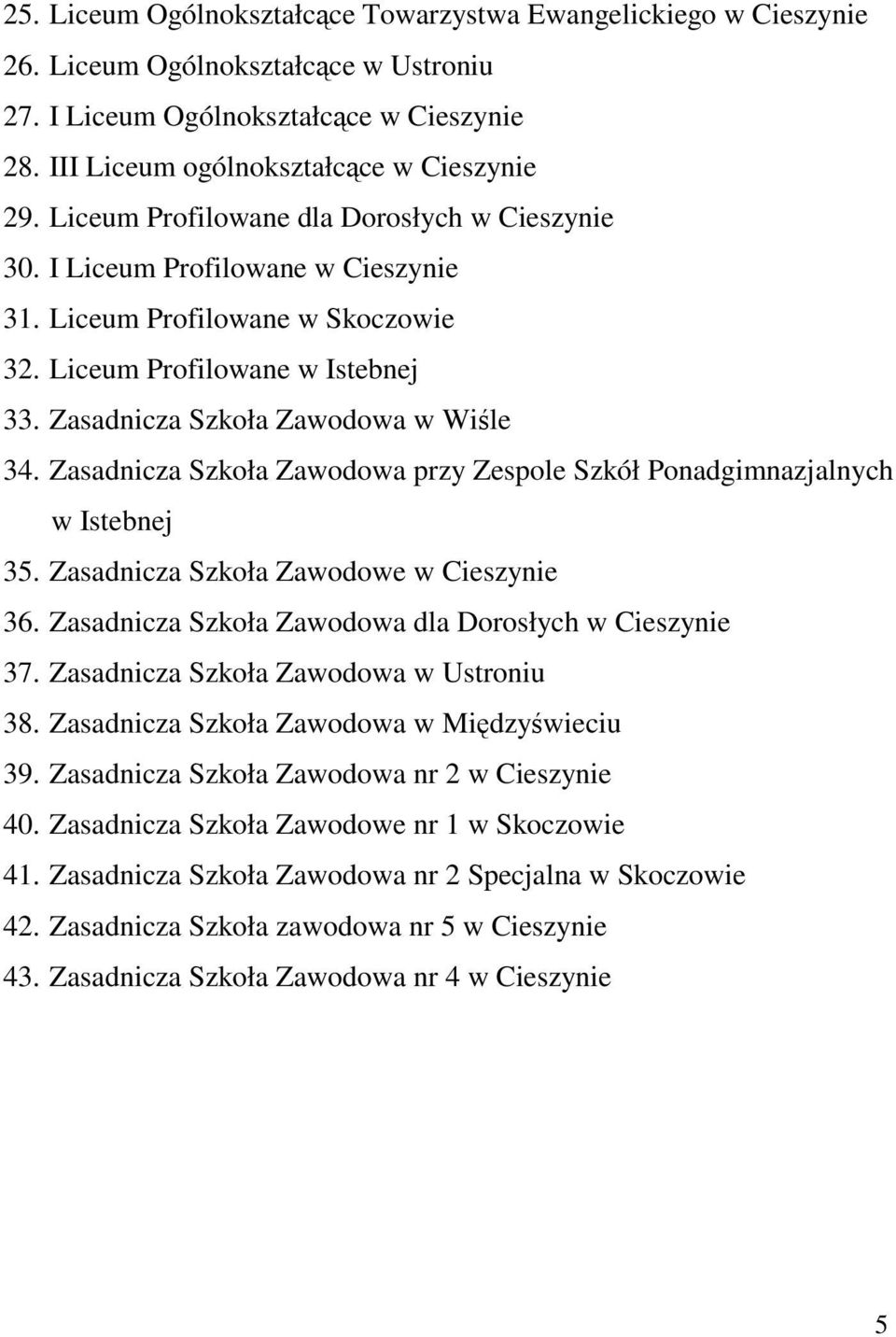 Zasadnicza Szkoła Zawodowa przy Zespole Szkół Ponadgimnazjalnych w Istebnej 35. Zasadnicza Szkoła Zawodowe 36. Zasadnicza Szkoła Zawodowa dla Dorosłych 37. Zasadnicza Szkoła Zawodowa w Ustroniu 38.