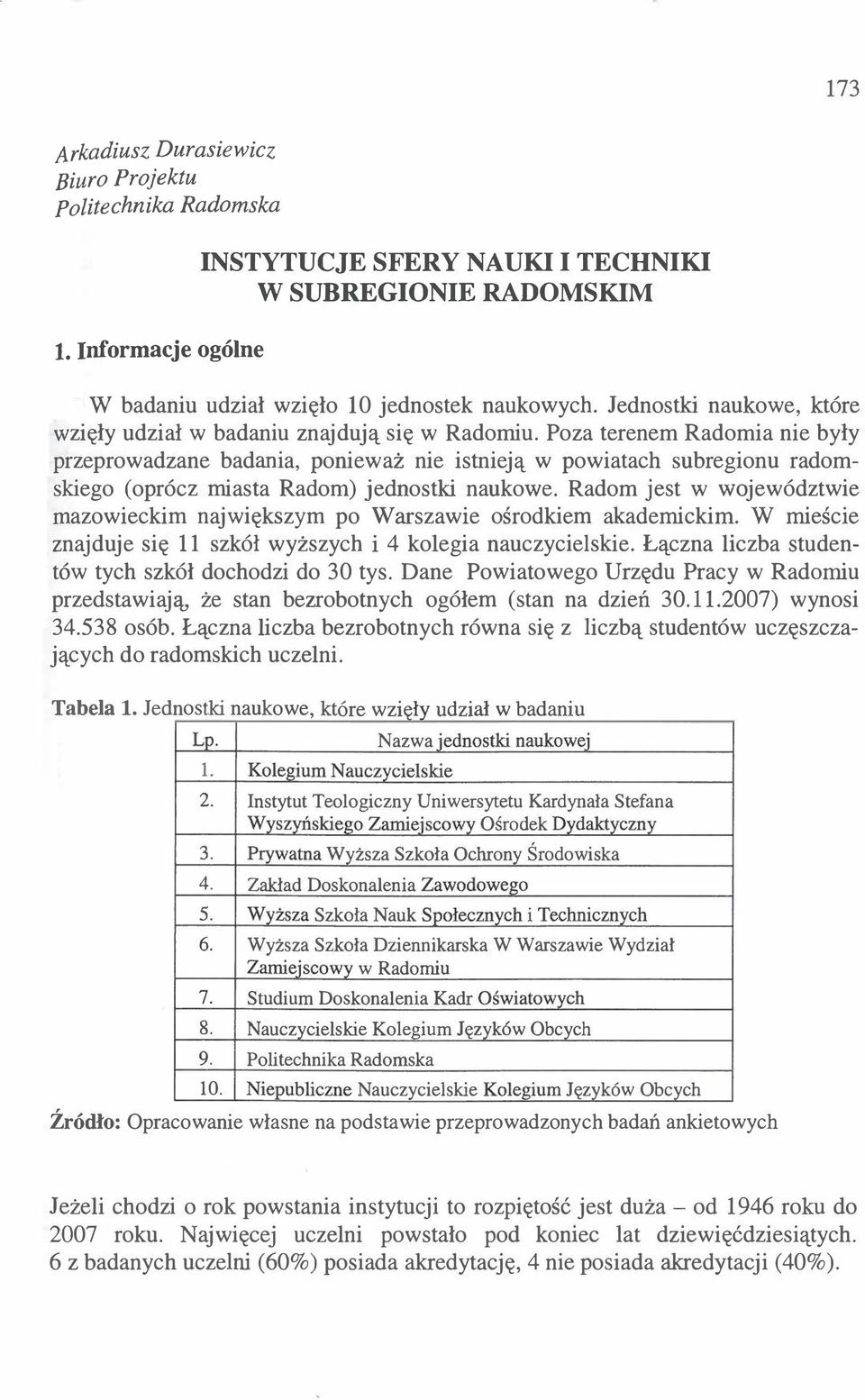 Poza terenem Radomia nie były przeprowadzane badania, ponieważ nie istnieją w powiatach subregionu radomskiego (oprócz miasta Radom) jednostki naukowe.