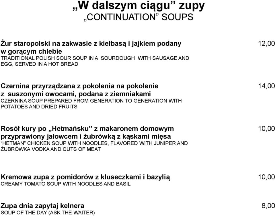 AND DRIED FRUITS 14,00 Rosół kury po Hetmańsku z makaronem domowym przyprawiony jałowcem i żubrówką z kąskami mięsa HETMAN CHICKEN SOUP WITH NOODLES, FLAVORED WITH JUNIPER AND ŻUBRÓWKA