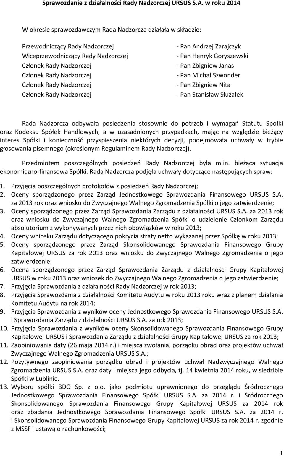 Zbigniew Janas - Pan Michał Szwonder - Pan Zbigniew Nita - Pan Stanisław Służałek Rada Nadzorcza odbywała posiedzenia stosownie do potrzeb i wymagań Statutu Spółki oraz Kodeksu Spółek Handlowych, a w