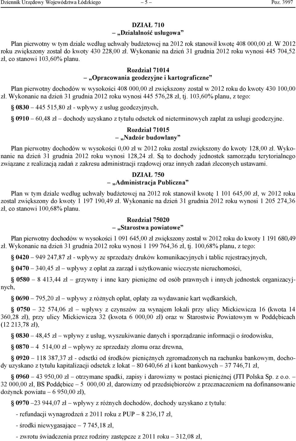 Rozdział 71014 Opracowania geodezyjne i kartograficzne Plan pierwotny dochodów w wysokości 408 000,00 zł zwiększony został w 2012 roku do kwoty 430 100,00 zł.