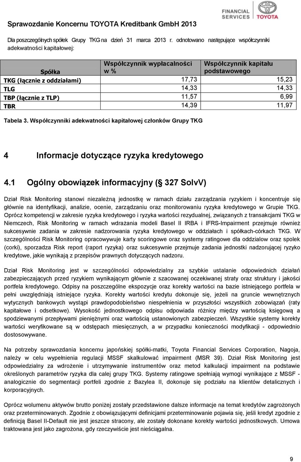 (łącznie z TLP) 11,57 6,99 TBR 14,39 11,97 Tabela 3. Współczynniki adekwatności kapitałowej członków Grupy TKG 4 Informacje dotyczące ryzyka kredytowego 4.