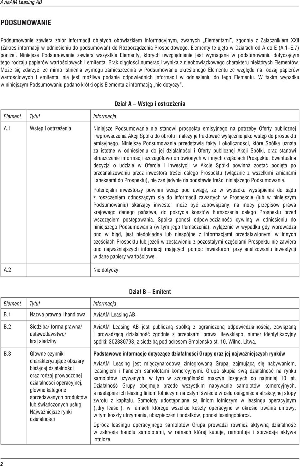 Niniejsze Podsumowanie zawiera wszystkie Elementy, których uwzglêdnienie jest wymagane w podsumowaniu dotycz¹cym tego rodzaju papierów wartoœciowych i emitenta.