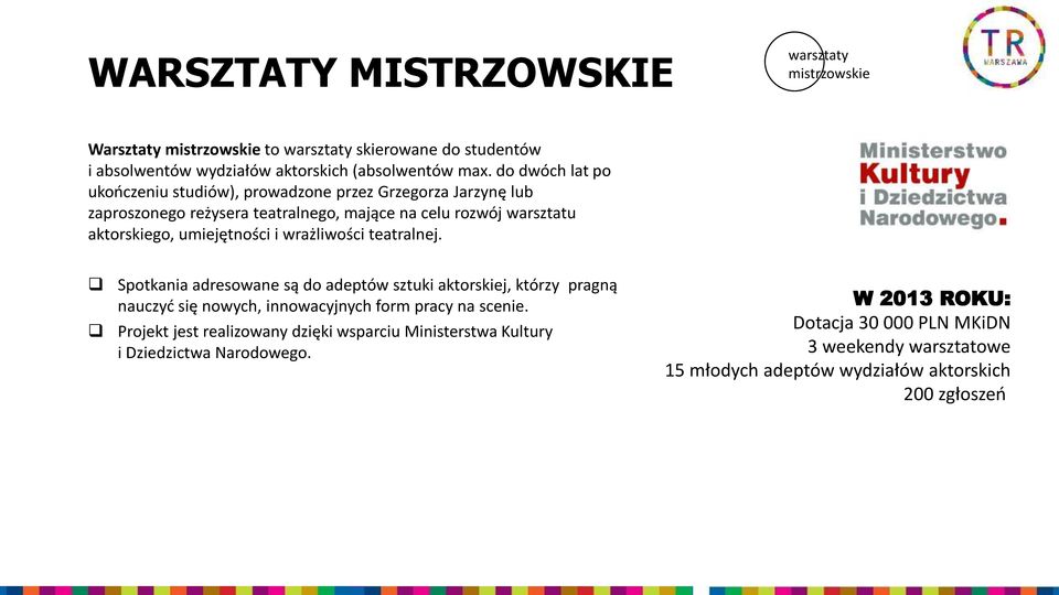 wrażliwości teatralnej. Spotkania adresowane są do adeptów sztuki aktorskiej, którzy pragną nauczyć się nowych, innowacyjnych form pracy na scenie.