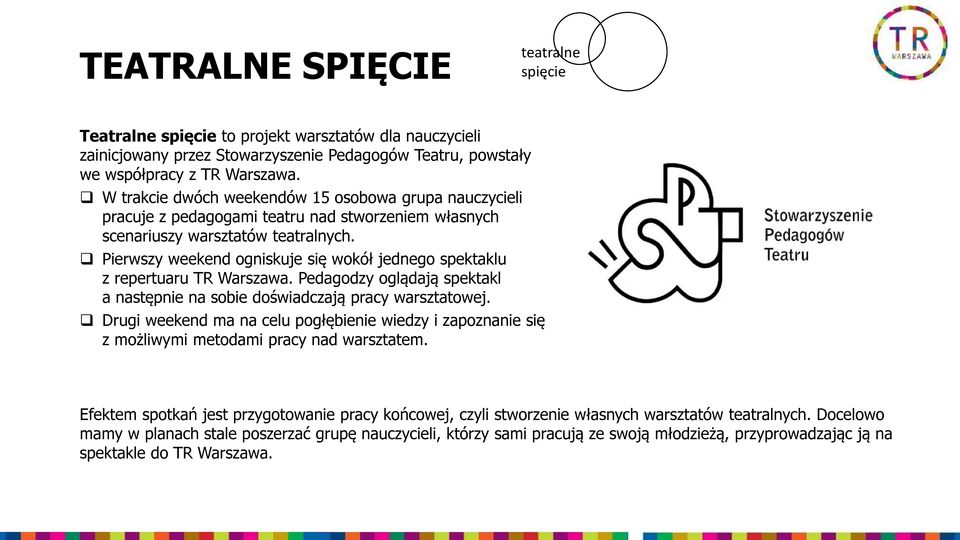 Pierwszy weekend ogniskuje się wokół jednego spektaklu z repertuaru TR Warszawa. Pedagodzy oglądają spektakl a następnie na sobie doświadczają pracy warsztatowej.