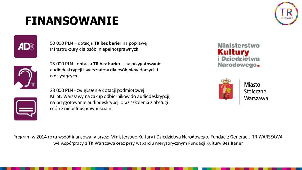 Warszawy na zakup odbiorników do audiodeskrypcji, na przygotowanie audiodeskrypcji oraz szkolenia z obsługi osób z niepełnosprawnościami Program w 2014