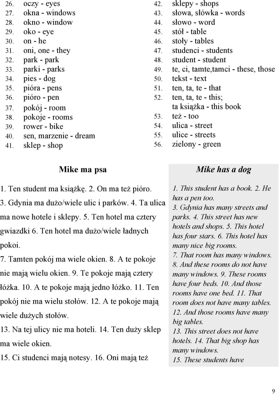 studenci - students 48. student - student 49. te, ci, tamte,tamci - these, those 50. tekst - text 51. ten, ta, te - that 52. ten, ta, te - this; ta książka - this book 53. też - too 54.