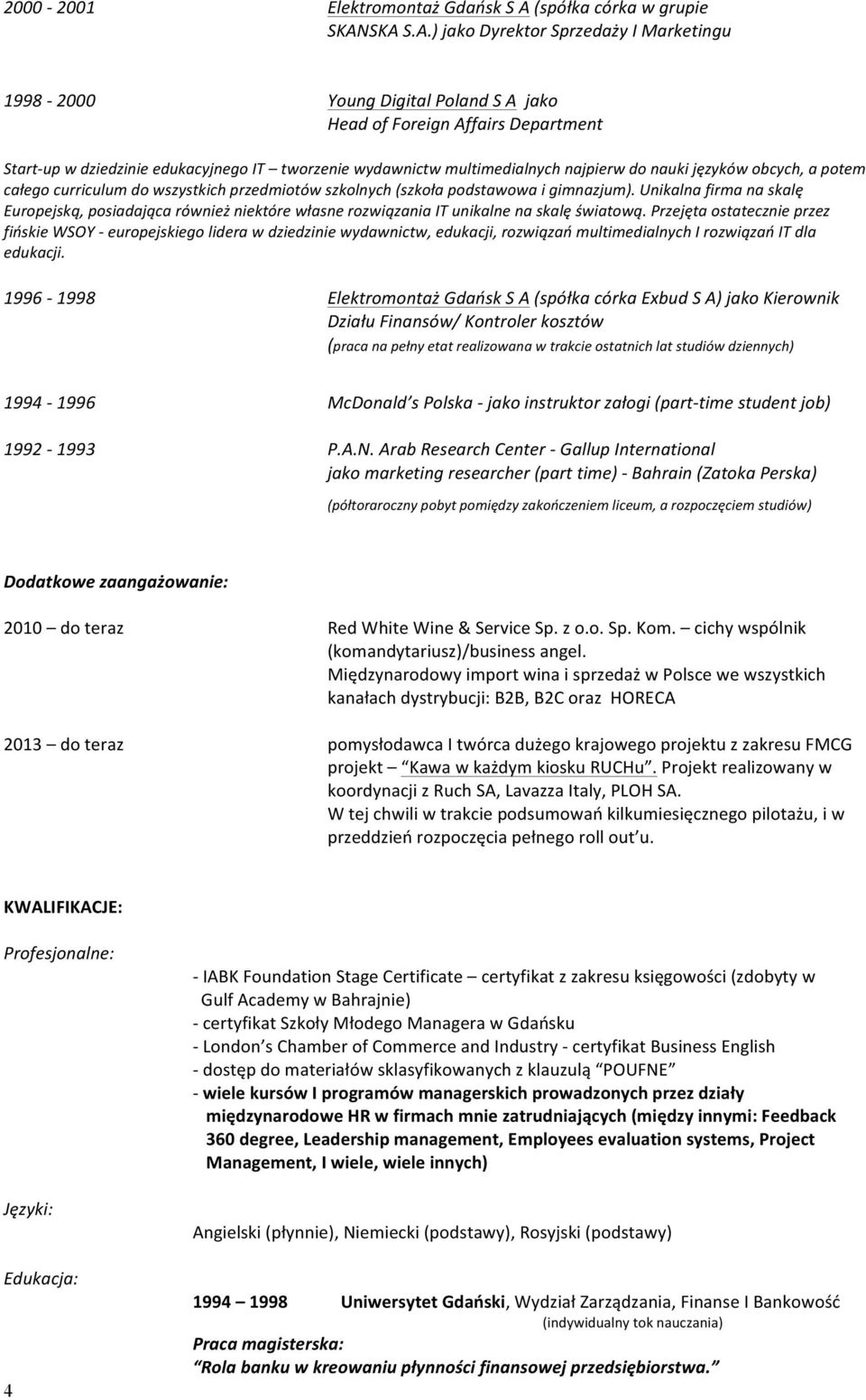 SKA S.A.) jako Dyrektor Sprzedaży I Marketingu 1998-2000 Young Digital Poland S A jako Head of Foreign Affairs Department Start- up w dziedzinie edukacyjnego IT tworzenie wydawnictw multimedialnych