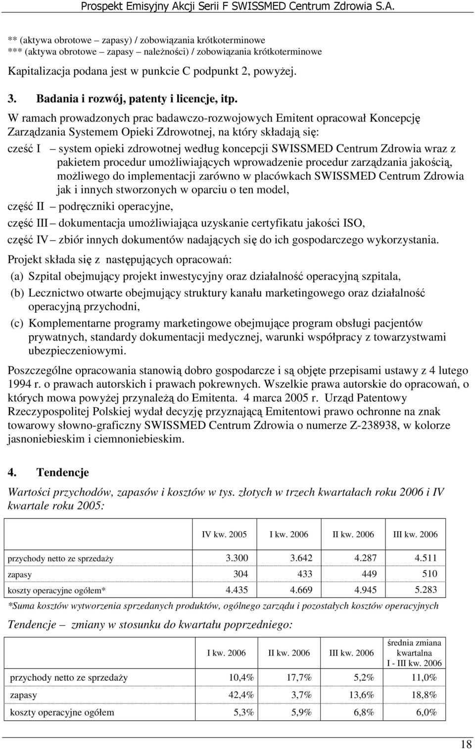 W ramach prowadzonych prac badawczo-rozwojowych Emitent opracował Koncepcję Zarządzania Systemem Opieki Zdrowotnej, na który składają się: cześć I system opieki zdrowotnej według koncepcji SWISSMED