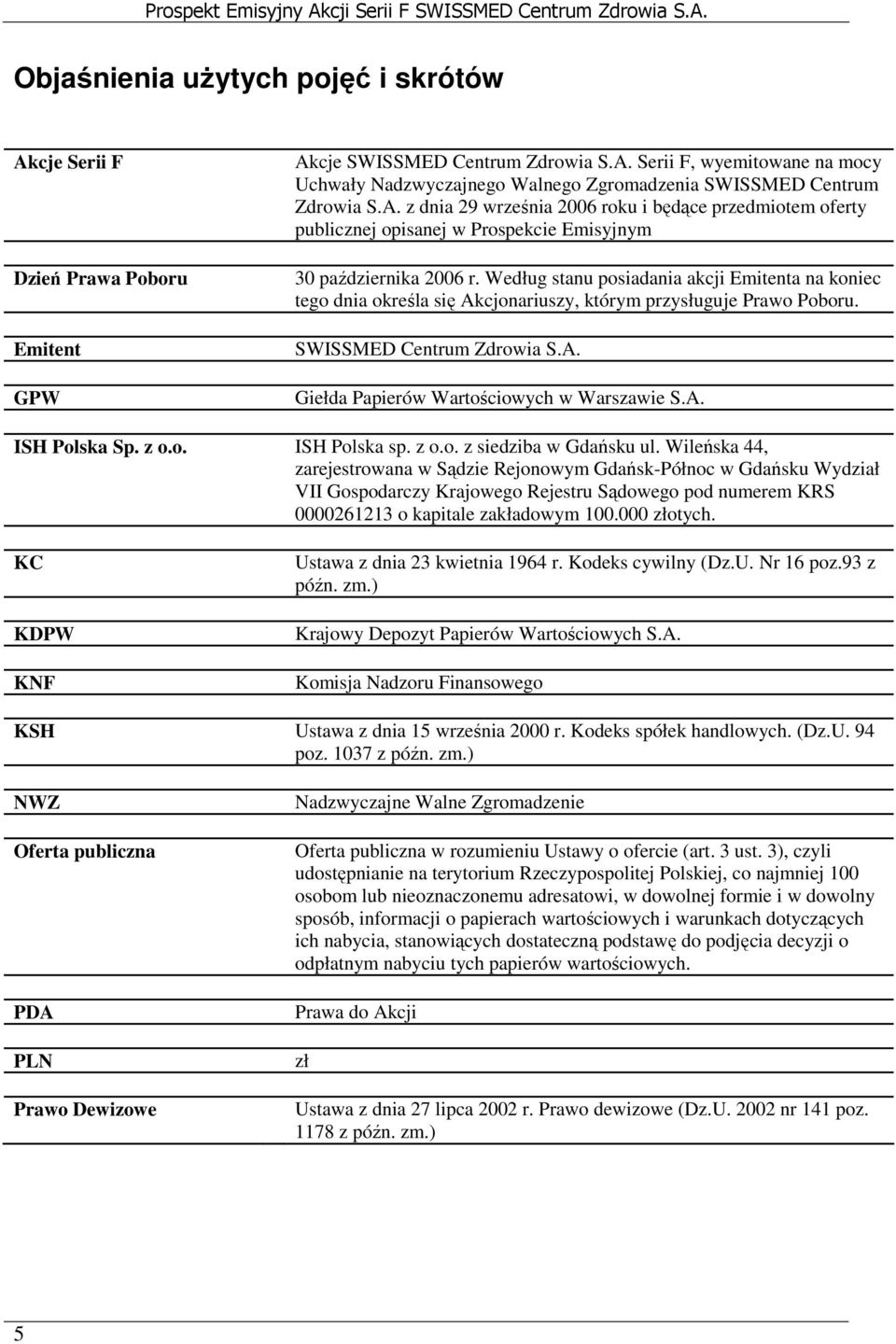 Według stanu posiadania akcji Emitenta na koniec tego dnia określa się Akcjonariuszy, którym przysługuje Prawo Poboru. SWISSMED Centrum Zdrowia S.A. Giełda Papierów Wartościowych w Warszawie S.A. ISH Polska Sp.