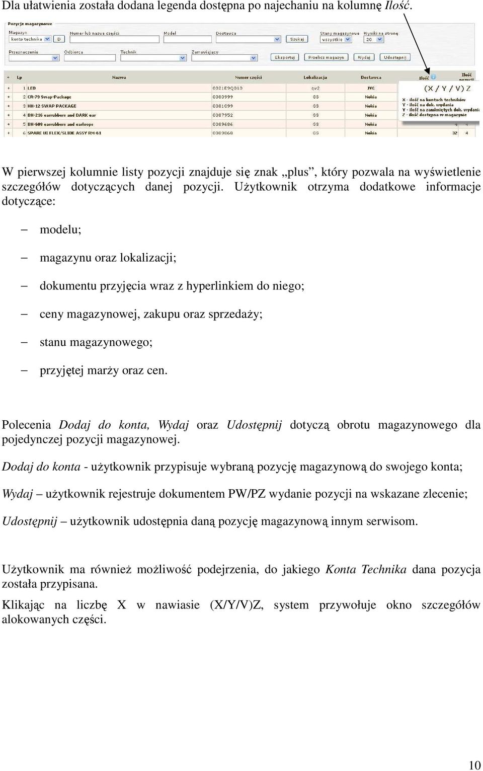 Użytkownik otrzyma dodatkowe informacje dotyczące: modelu; magazynu oraz lokalizacji; dokumentu przyjęcia wraz z hyperlinkiem do niego; ceny magazynowej, zakupu oraz sprzedaży; stanu magazynowego;