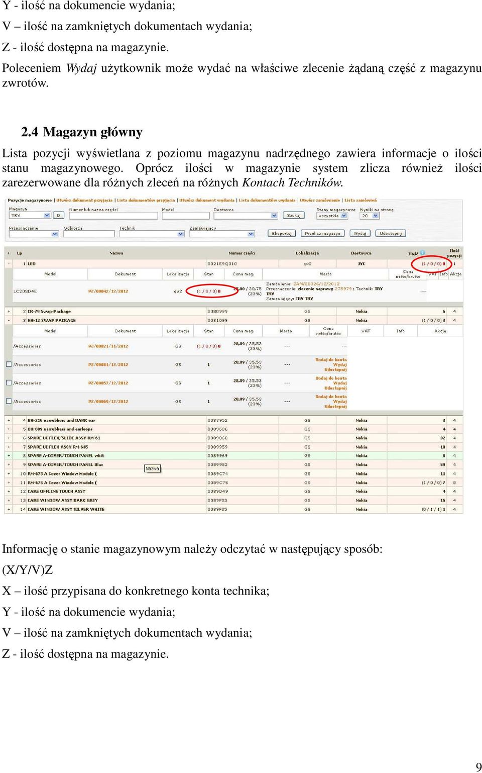 4 Magazyn główny Lista pozycji wyświetlana z poziomu magazynu nadrzędnego zawiera informacje o ilości stanu magazynowego.