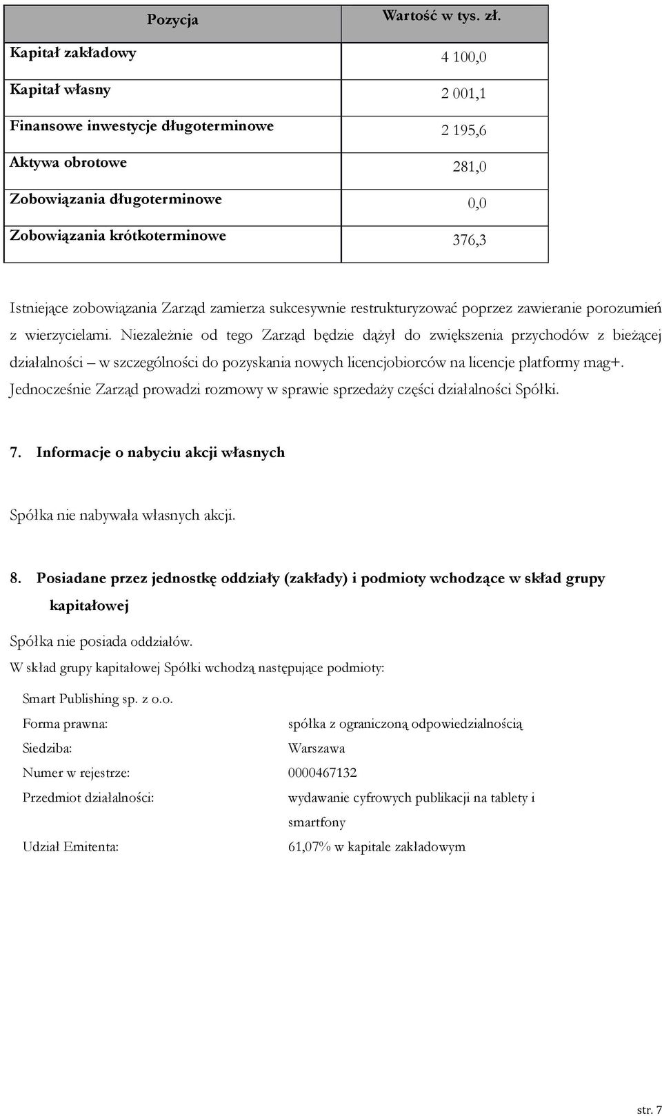 zobowiązania Zarząd zamierza sukcesywnie restrukturyzować poprzez zawieranie porozumień z wierzycielami.