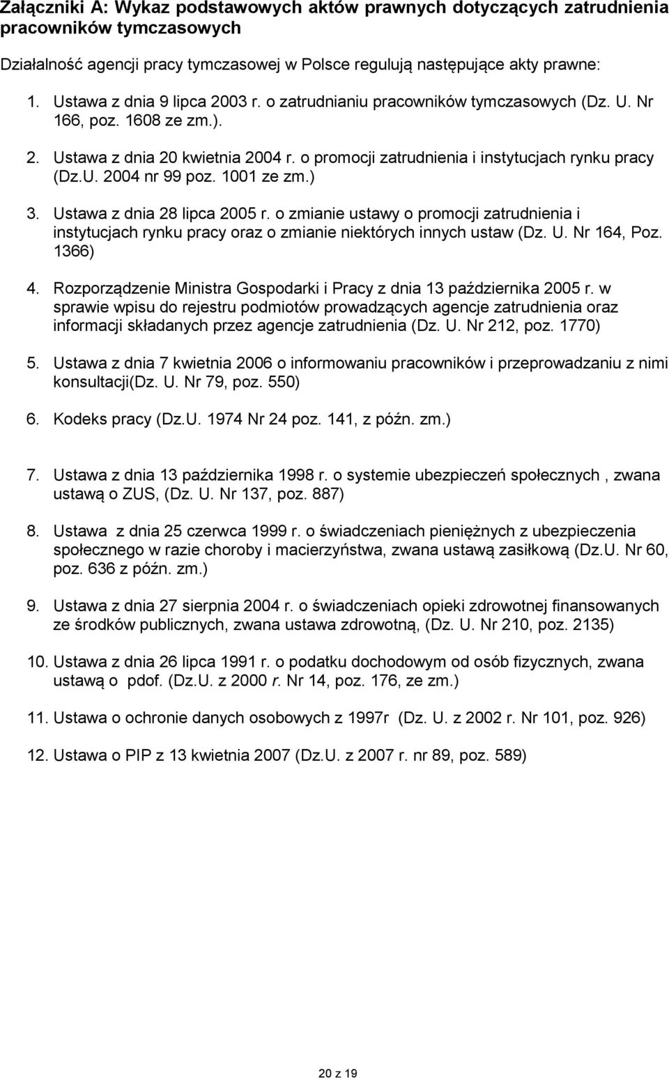 1001 ze zm.) 3. Ustawa z dnia 28 lipca 2005 r. o zmianie ustawy o promocji zatrudnienia i instytucjach rynku pracy oraz o zmianie niektórych innych ustaw (Dz. U. Nr 164, Poz. 1366) 4.